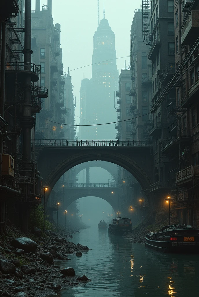 (((steampunk))), city, (((overcrowded buildings))), exposed gears and pipes, (((muffled light))), flooded land, ((gears)), ((thick pipes)), covered bridge, Bottom-up perspective, reflecting the height of the building, dark weather, chimneymechanical devices))), ((chess wires)), crowded city, non-standard buildings