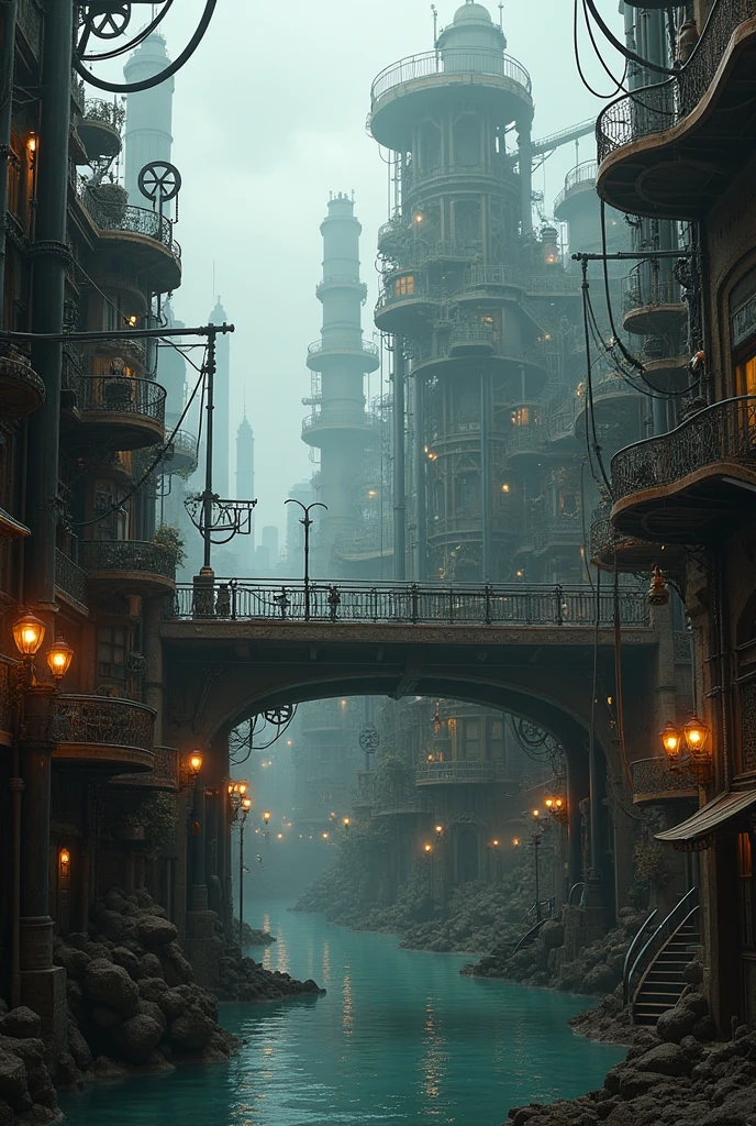 (((steampunk))), city, (((overcrowded buildings))), exposed gears and pipes, (((muffled light))), flooded land, ((gears)), ((thick pipes)), covered bridge, Bottom-up perspective, reflecting the height of the building, dark weather, chimneymechanical devices))), ((chess wires)), crowded city, non-standard buildings