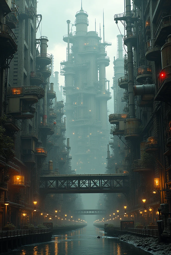 (((steampunk))), city, (((overcrowded buildings))), exposed gears and pipes, (((muffled light))), flooded land, ((gears)), ((thick pipes)), covered bridge, Bottom-up perspective, reflecting the height of the building, dark weather, chimneymechanical devices))), ((chess wires)), crowded city, non-standard buildings