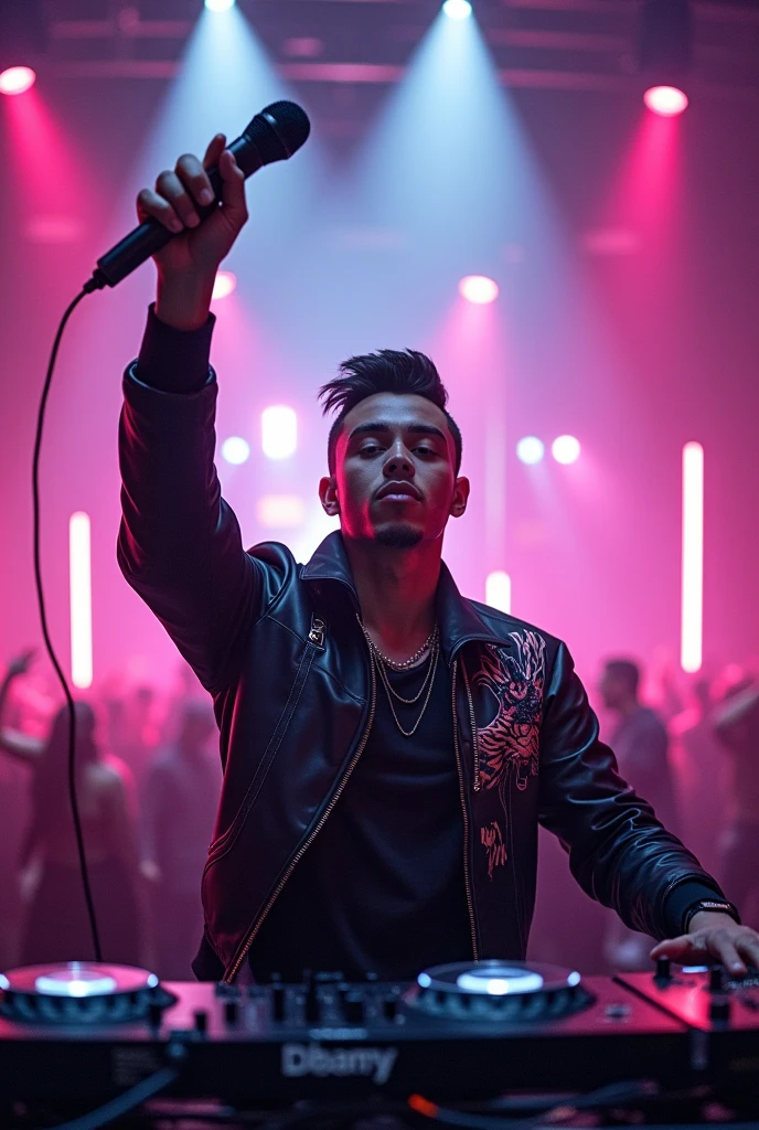 DJ holding a microphone in his left hand