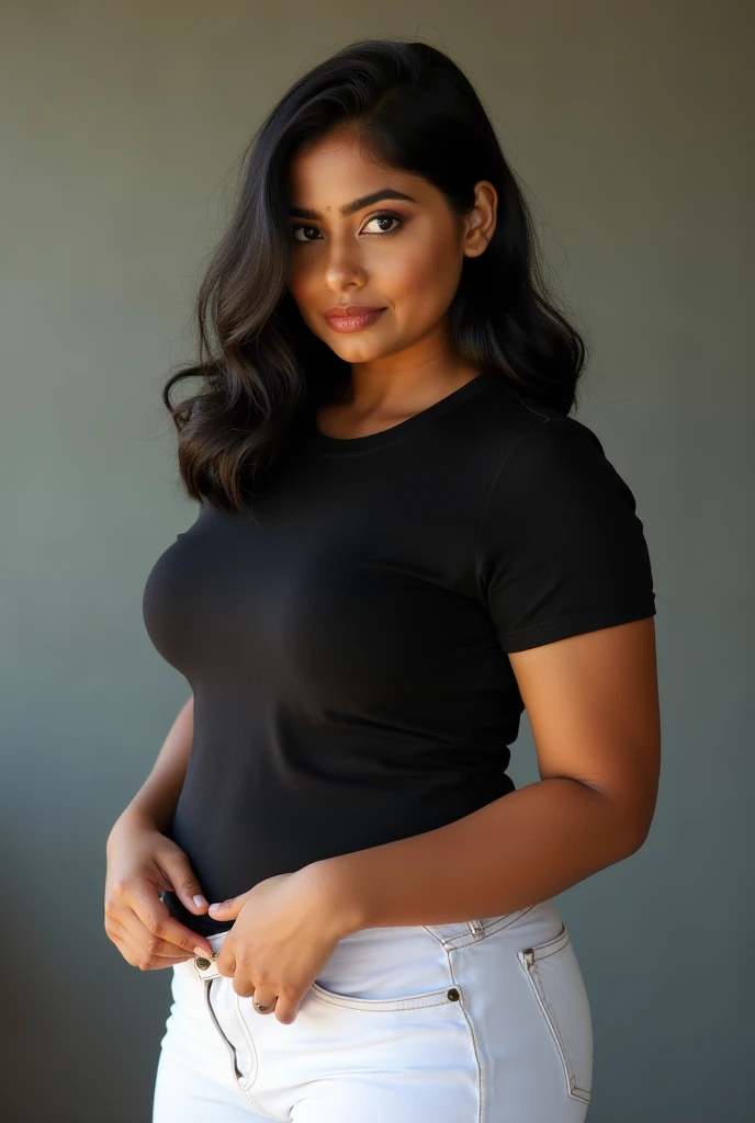  Indian woman, Midium black hair, Big breast, Big ass, wide hips, Slime waist, White skin colour, Big thighs, Black t shirt,White leggings