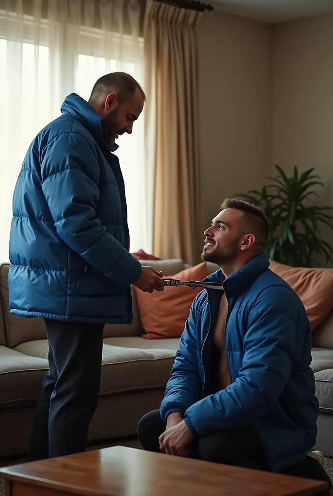 Create a hyper-realistic, RAW, 8K, HDR, high-resolution image showing two extremely handsome masculine simple, brightly lit living room. The wonderful and seductive uncle, 4, with short hair and signs of baldness, wears dark pants and an *extremely shiny blue nylon puffer jacket* open that exposes his hairy chest and slightly prominent belly. He is kneeling on the ground, *wearing a collar around his neck*, being pulled by his handsome and domineering nephew, a handsome 2 man with a naturally attractive physique, *dressed in a dress shirt and dress pants*, with a visible posture of dominant next to his wonderful, sensual and submissive uncle. (((The *nephew pulls his uncle's leash with a confident and authoritative expression*, while his uncle, *kneeling*, looks up with a submissive expression))). The room has high natural lighting, with natural and comfortable decoration that enhances the realism of the scene. The image must capture every detail accurately, highlighting the interaction and role contrast between the two men. HANDSOME DOMINATOR NEPHEW IS NEXT TO HIS WONDERFUL AND SUBMISSION UNCLE, KNEELING ON THE FLOOR, BEING HUMILIATED AND TREATED LIKE AN ANIMAL BY HIS NEPHEW.