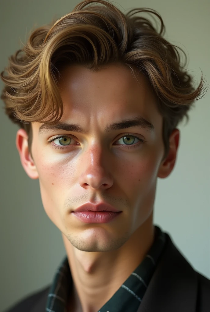 Male with short wavy golden brown hair and light green eyes