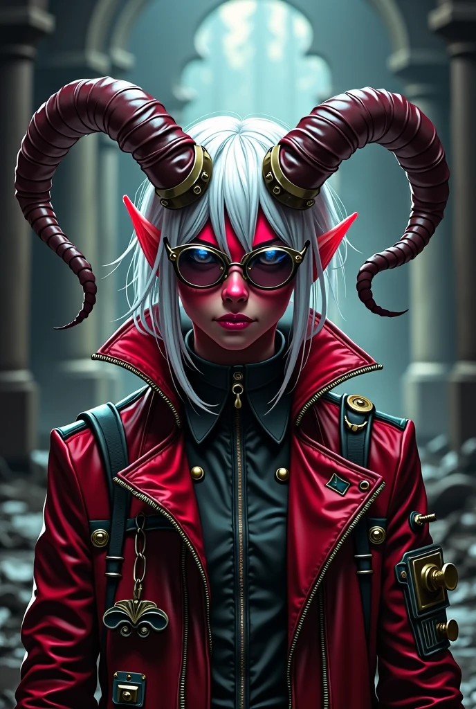 Tiefling, dungeon and dragons, white hair, red skin, jacket, anime, horns, steampunk glasses, 