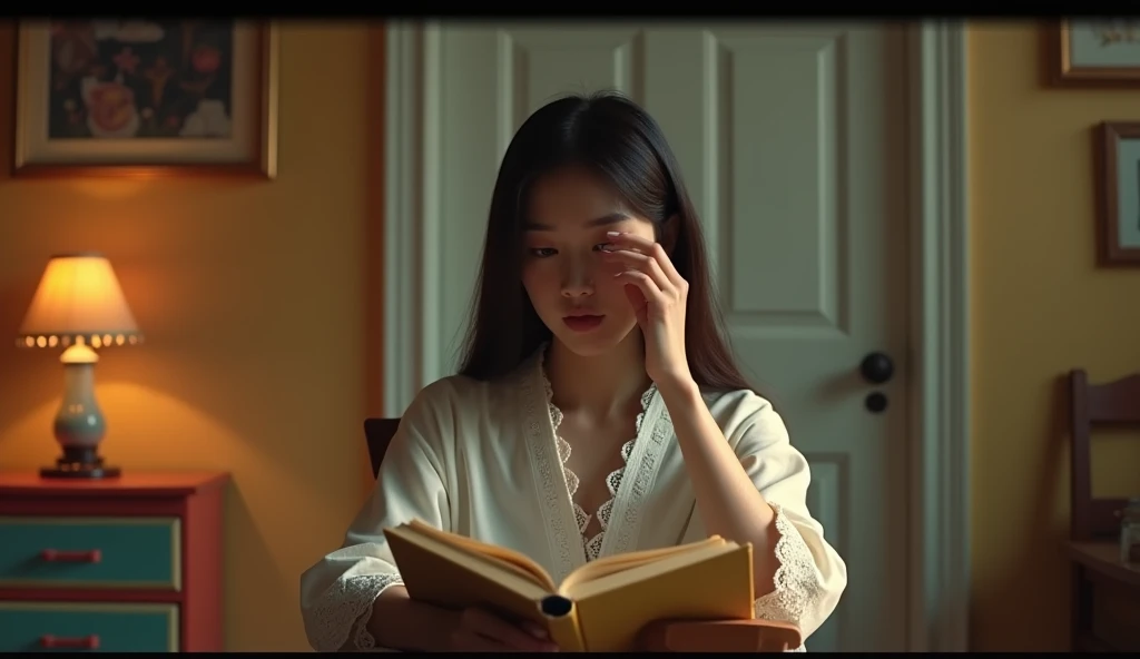 Cinematic, center view. Left side lighting. A young woman with long dark hair, wearing a white robe with lace trim, sitting on a wooden chair. She is holding a story book while rubbing her left eye. The scene is set in a warm dimly lit child room with a closed white door in the background, there is a vibrant colorful cabinet on the left, creating a soft contrast of light and shadow. 