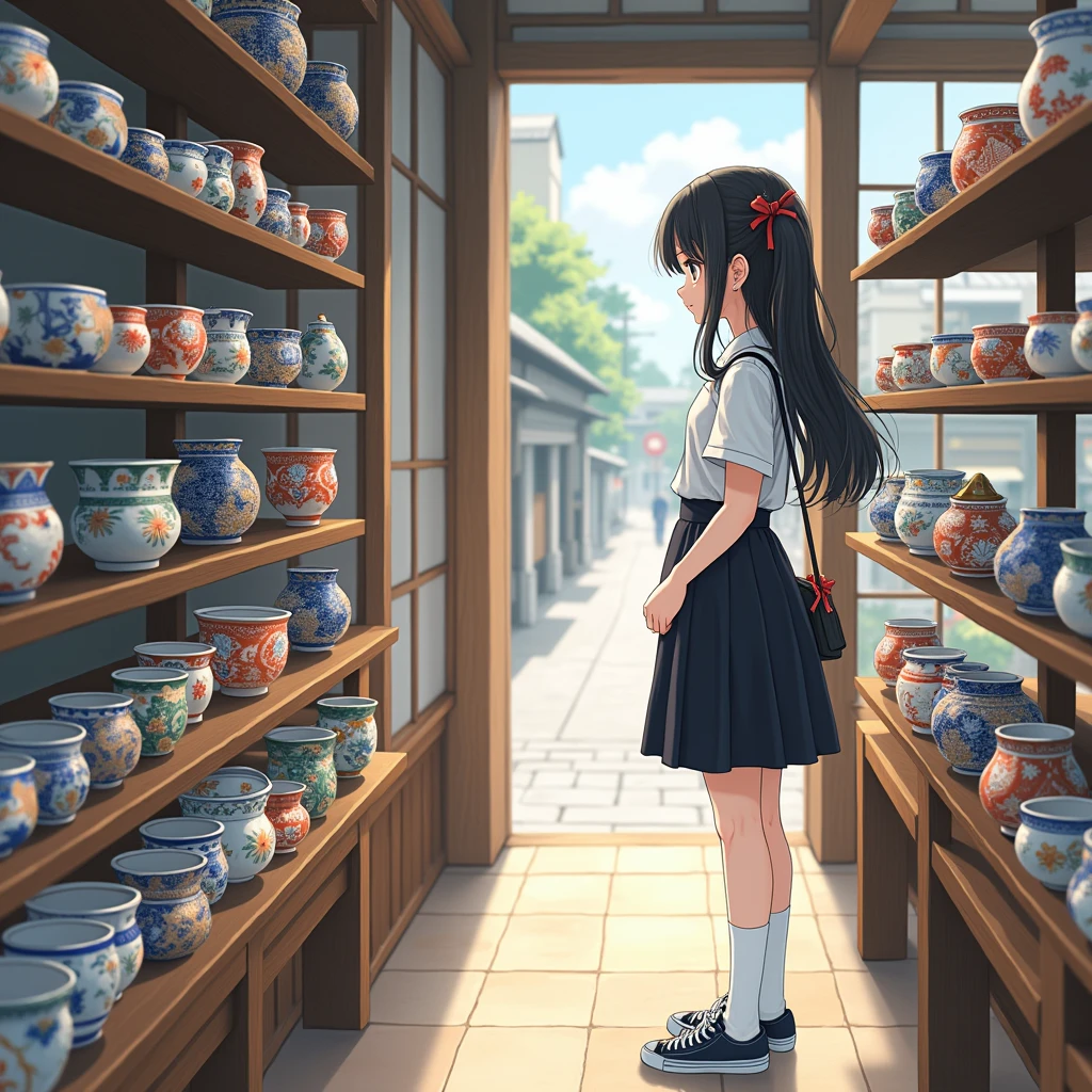 Anime Style, Realistic Background, Beautiful views.
A girl looking at ceramics, Place your hands in front of your thighs.
She is wearing a cute decorated white collarless blouse, Casual clothes, Short sleeve. mid black flare skirt, Wearing white knee-high socks, Wearing sneakers. not school uniform,
Her hair style is low twintails with red ribbons, very long length and black, low pigtails.
bag, Late s, Small breasts, Has dark brown eyes.
trip, Japanの陶磁器, Kutani ware ceramics, dish, Bowl, Cup, shop, indoor, Japan, door, window, street,
Summer vacation, Daytime.
from side. not full body and close up on face.