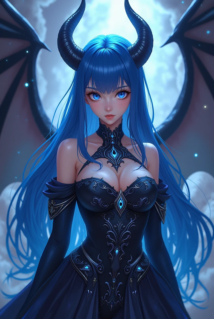 demon queen, I would be, long blue hair, anime style