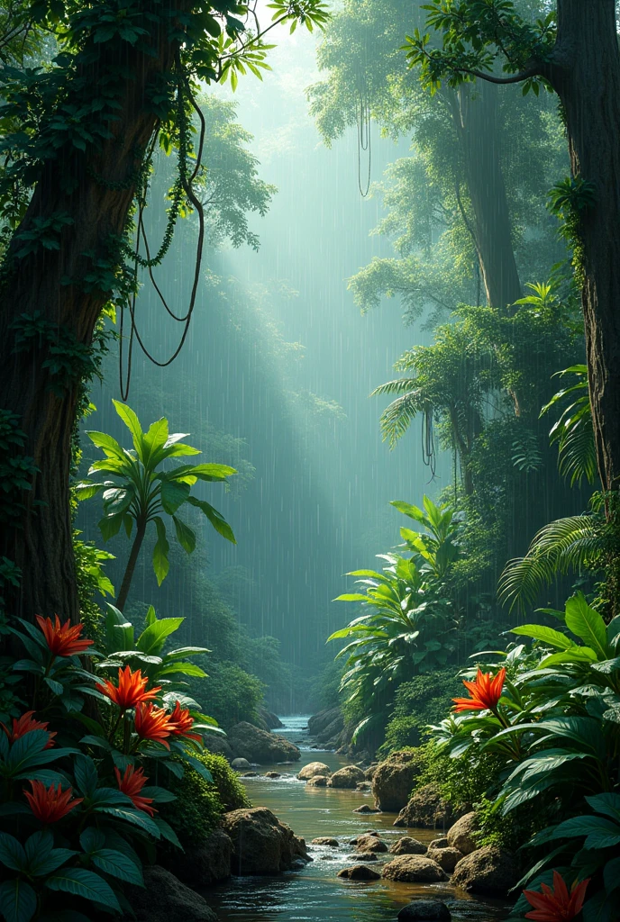 Rainy jungle without people