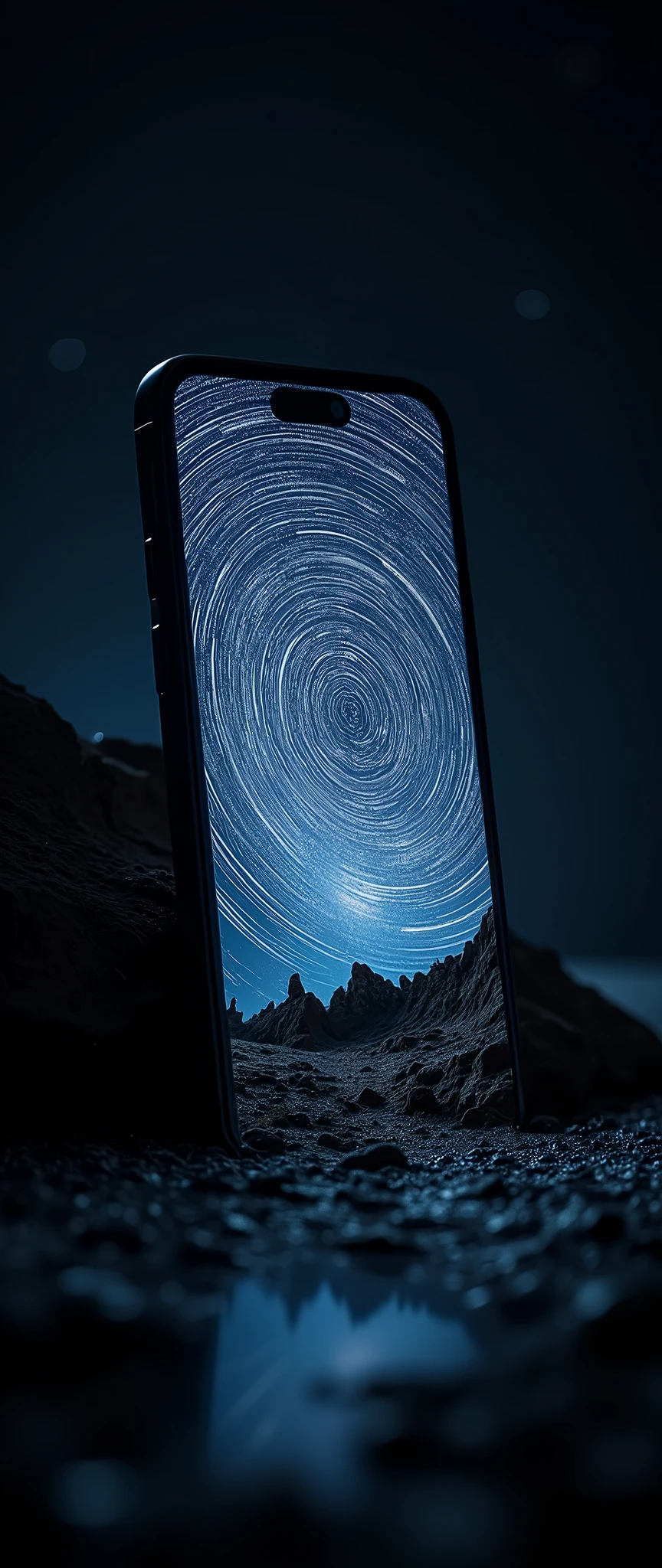 (masterpiece:1.2,Exceptional Quality,mirror-like,Cinematic Experience,Photorealistic:2.0,RAW Photos:2.0),8k,wallpaper,(Star trail images appear on your smartphone screen:2.0),(Black background:2.0)