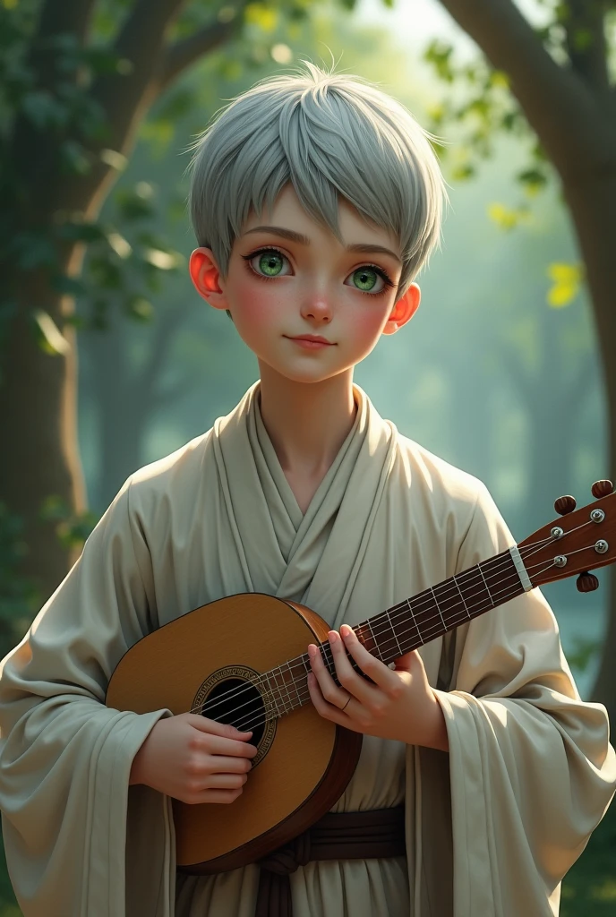 Human,2 ,green eyes,gray hair,white skin,monk,wear tonic,short hair,holding lute,young