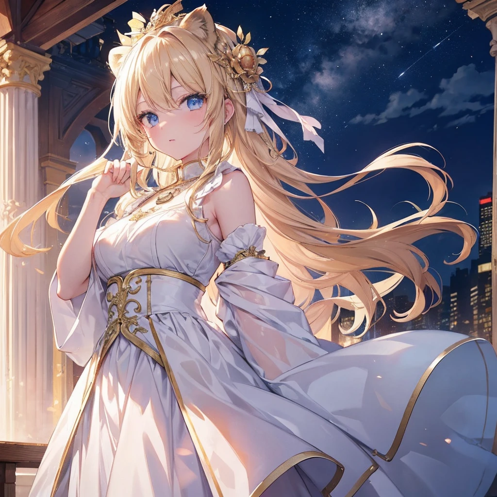 (Very detailed8K壁紙),(Very detailed),(Highest quality),(masterpiece),(Very detailed),(Cinema Lighting),(original),Warm Light,Angel of the Wind, Lady, Blonde,Blue Eyes, Lion motif pendant, Aura of the wind