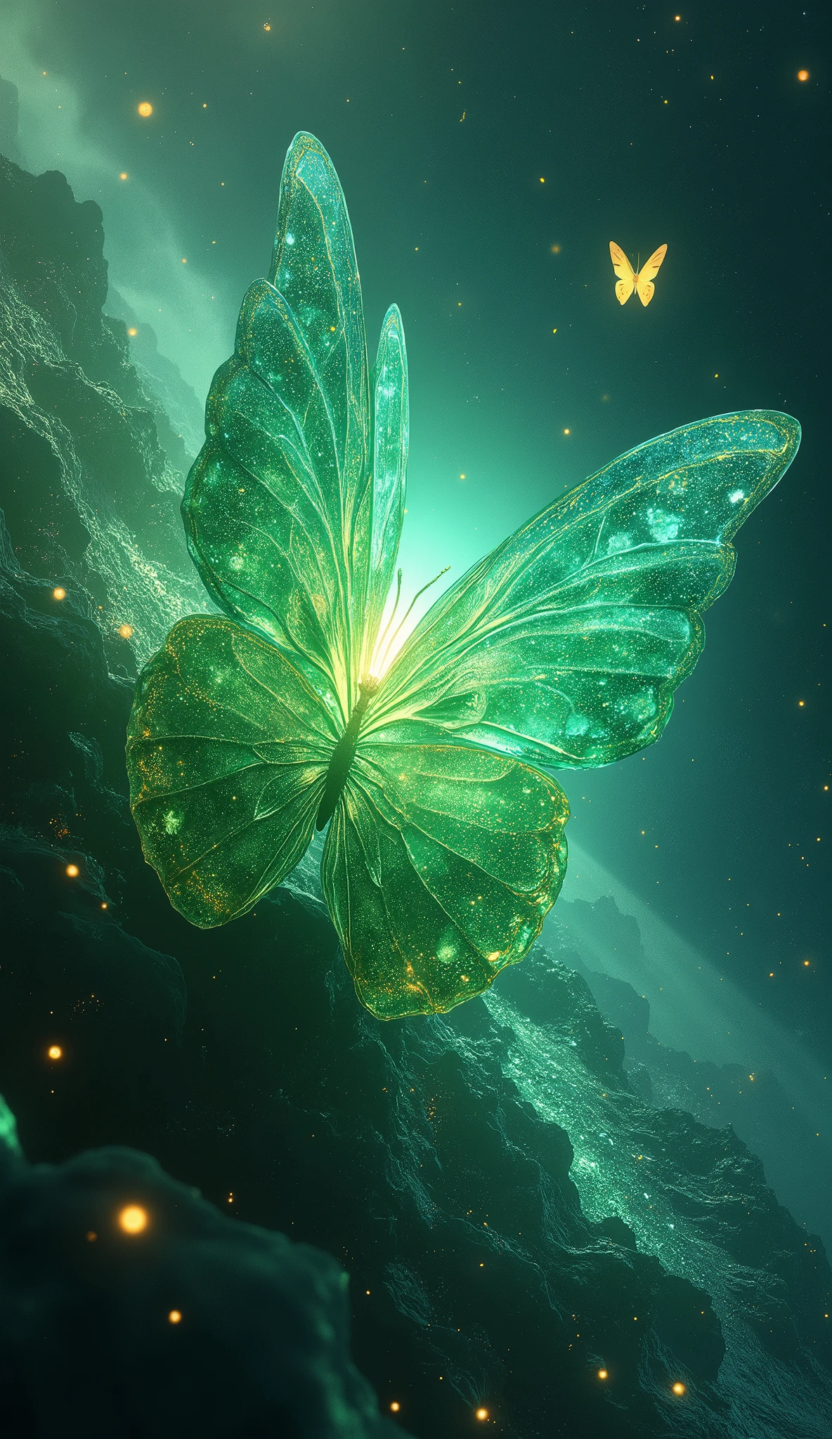 realistic, multicolor emerald in the space, rhytm, chaos, view, around, clear, ocean, butterflies, effects, amazing, so pure