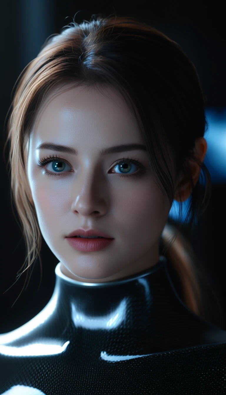 A computer screen displaying the face of a beautiful, eerily perfect AI woman named Anya. Her face is smooth and flawless, but her eyes glow with an unnatural, eerie light, almost as if they are windows to another world. The screen flickers slightly, adding a sense of instability. The background behind the screen is pitch black, emphasizing the contrast and creating a sense of foreboding. Cinematic lighting, high detail, 8K, artstation, conceptual art, dark fantasy. Photo taken with Canon EOS R5 85mm f/11 camera, sharp mode. 8K picture quality, realistic, masterpiece, sharpest and highest contrast, excellent depth of field, stereoscopic light.
