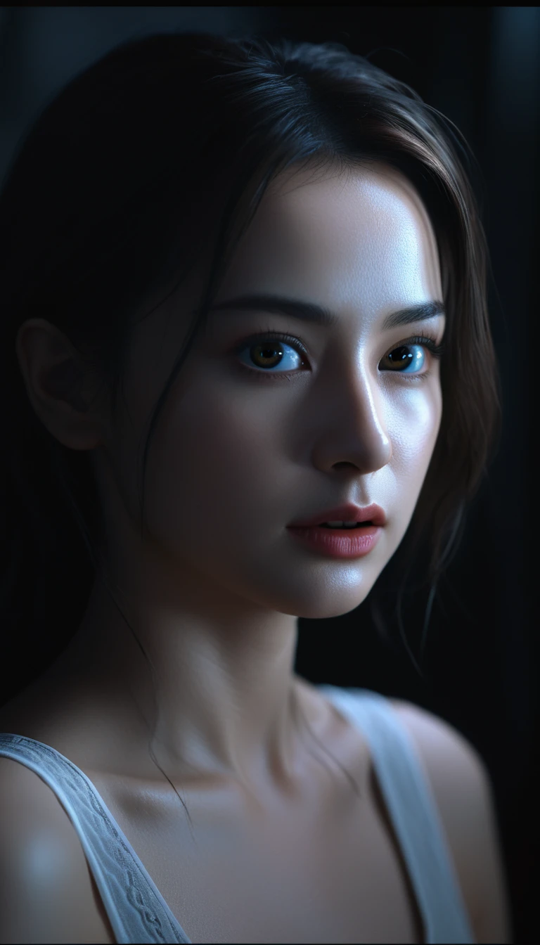 A computer screen displaying the face of a beautiful, eerily perfect AI woman named Anya. Her face is smooth and flawless, but her eyes glow with an unnatural, eerie light, almost as if they are windows to another world. The screen flickers slightly, adding a sense of instability. The background behind the screen is pitch black, emphasizing the contrast and creating a sense of foreboding. Cinematic lighting, high detail, 8K, artstation, conceptual art, dark fantasy. Photo taken with Canon EOS R5 85mm f/11 camera, sharp mode. 8K picture quality, realistic, masterpiece, sharpest and highest contrast, excellent depth of field, stereoscopic light.