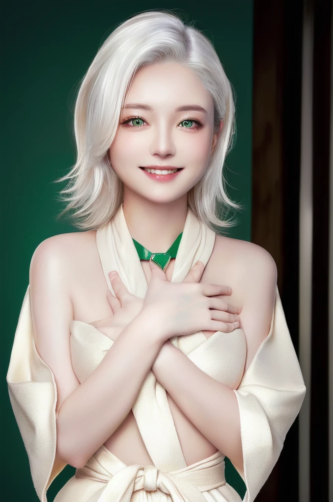 (masterpiece:1.3), (8k, photorealistic, RAW photo, best quality: 1.4), (1girl), ((folding hands on her chest)), beautiful face, (realistic face), (white hair:1.3), beautiful hairstyle, realistic eyes, beautiful detailed eyes, (realistic skin), beautiful skin, attractive, ultra high res, ultra realistic, highly detailed, golden ratio, (brown robe:1.3), soft smile, sparkle eyes, blush, accent color in her hair, smile, oily hair, green eyes, (brown image:1.3), (hold hands on chest)