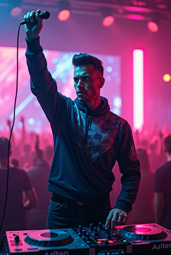 DJ holding a microphone in his left hand 