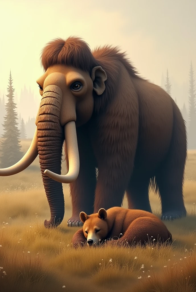A huge woolly mammoth lies byhooshi ki halat me on a spread of grass above a small, sleeping bear. Mammoths have large, curved teeth, and Wo us k upr ek tang rkh kr rowab se khara h Its textured fur contrasts with the soft, golden grass beneath. The background presents a serene scene with distant trees and a faint mist, illuminated by a soft sky, suggesting early morning or late afternoon light.