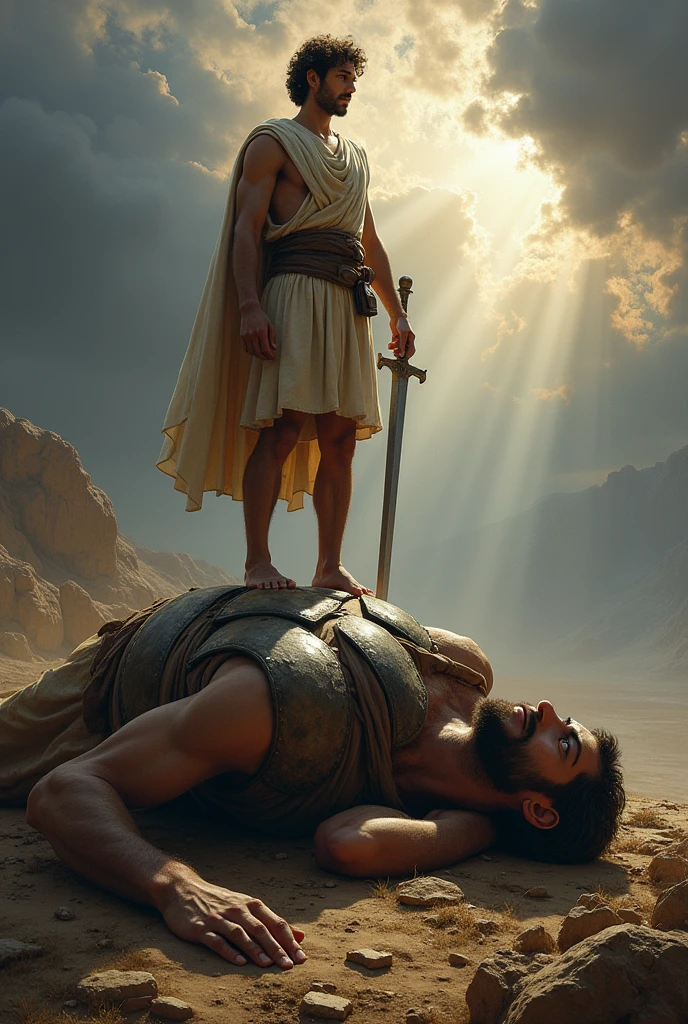 David with the sword in his hand on top of the giant Goliath 