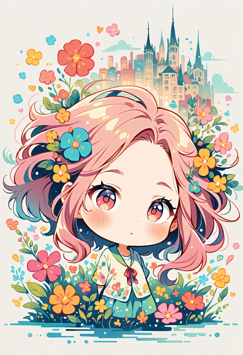 Takashi Murakami Style., I stand in front of a high wall,Simple line of initialism,Abstract art,City background, (((The most beautiful girl))), (((chibi))), colorful flowers