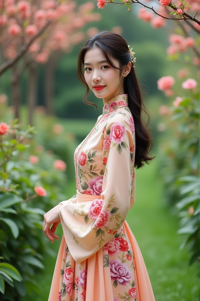 A beautiful girl from Korea with a clean, cute face, wearing women's clothes with colorful floral patterns, wearing a long floral patterned skirt,And wearing women's shoes, is standing in a garden full of flower trees, expression her face is very elegant, posing close up, super HD photography, sophisticated camera 