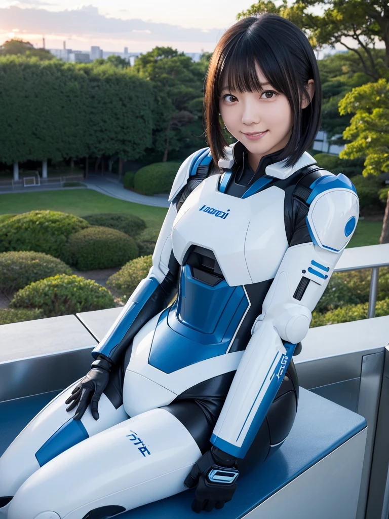 Japanese female android,Black Hair,White and blue robot suit,Plump,Watching the sunset from the observation deck in the park,smile