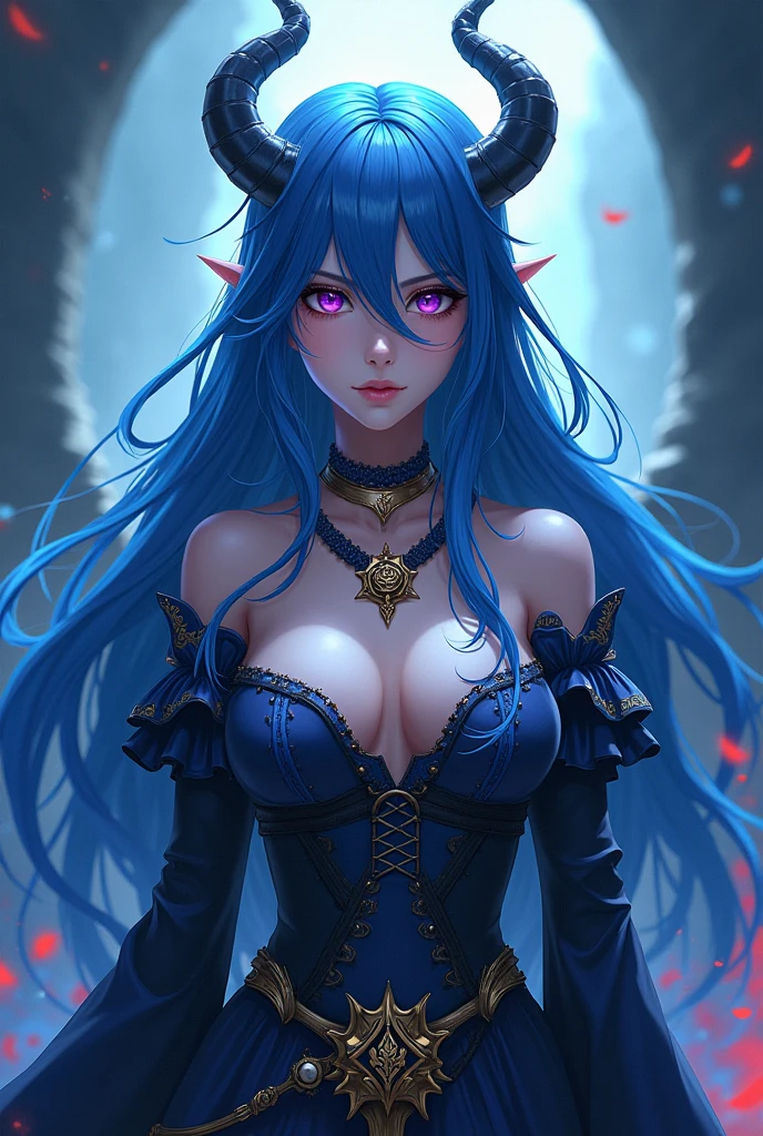 demon queen, I would be, long blue hair, anime style