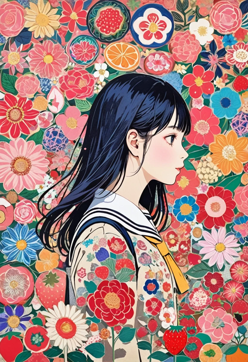 (masterpiece, Highest quality),Takato Yamamoto Style、Mucha style、Art Deco、Mandala、Tangled、Fractal Art、twist、Vibrant colors,colorful, Highest quality, Amazing details, Anatomically correct, Line art, ((Solo Girl))、(Pussy), (tits),(Nipples), (Black Hair),(Thighs),(Big Breasts)、Perfect Style, (School long sleeve sailor uniform、Navy Blue Skirt)、Sit with your legs apart、squat、Showing off pussy、Open clothes,White socks、your、Browsing Caution, throw, simple background,Money_background,