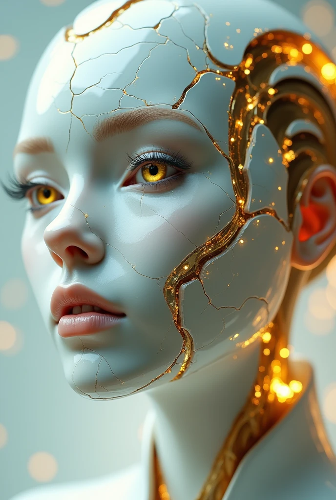 Automata, The face is made of ceramic, cracks were jointed with gold, abstract light background,