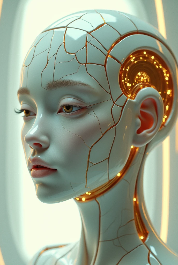 Automata, The face is made of ceramic, cracks were jointed with gold, abstract light background,