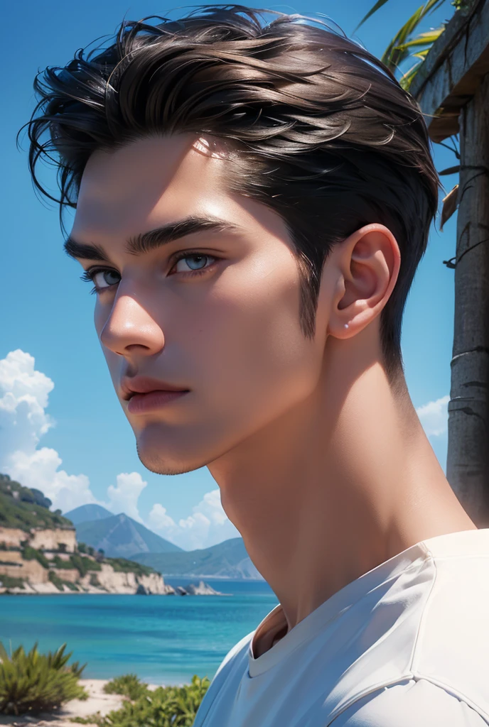 a tall handsome muscular man, solo, extremely detailed face and body, (shiny smooth skin), hot glow in his skin, perfect facial features, beautiful eyes, short hairstyle, sexy gaze, looking at the viewer romantically, explorer, explorer's clothes, ancient ruins, big lake, cloudy sky, lush nature, (best quality,4k,8k,highres,masterpiece:1.2),ultra-detailed,(realistic,photorealistic,photo-realistic:1.37),dramatic lighting,vibrant colors,cinematic composition