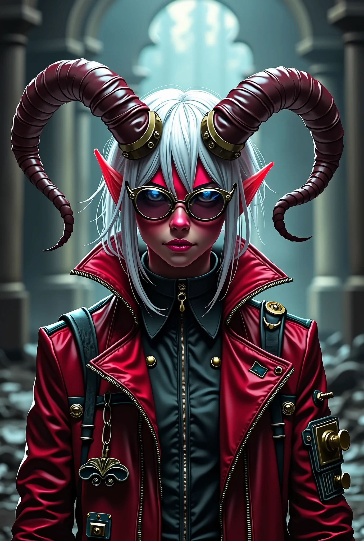 Tiefling, dungeon and dragons, white hair, red skin, jacket, anime, horns, steampunk glasses,