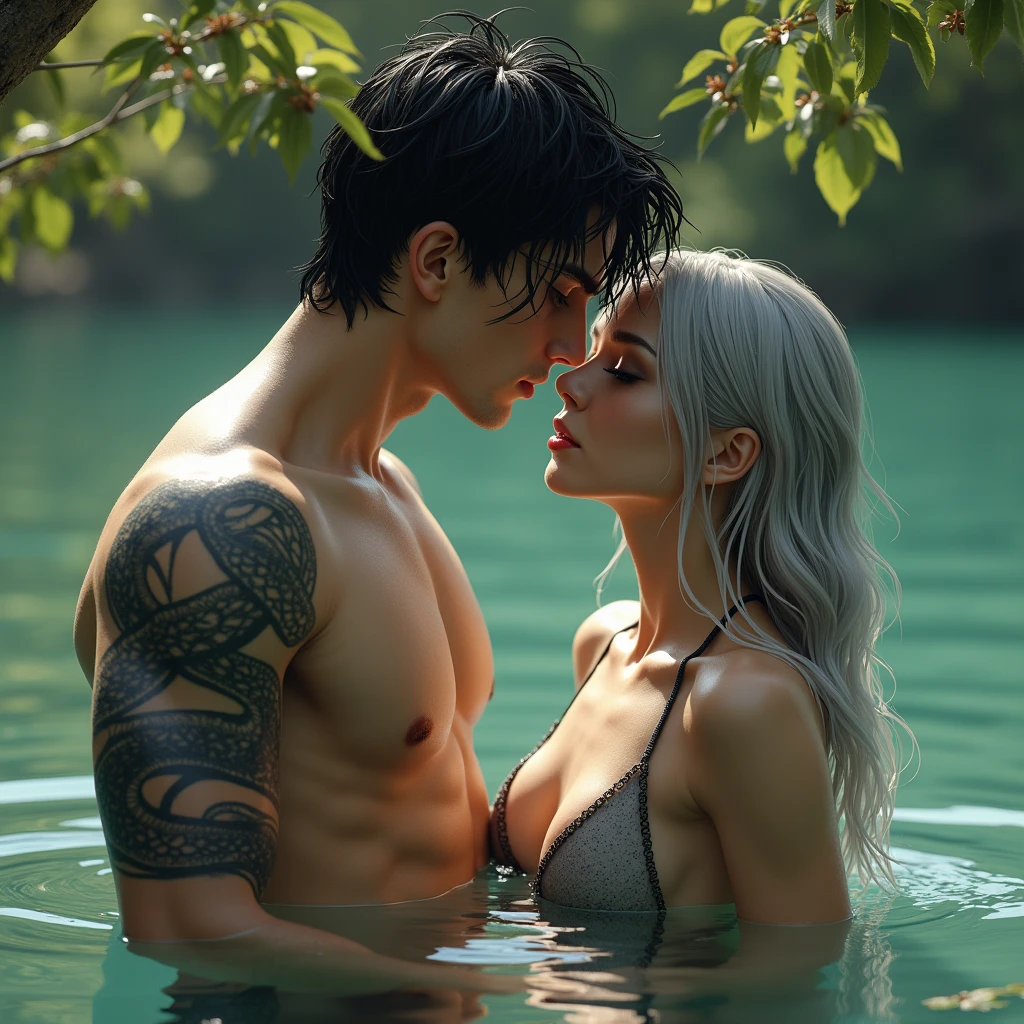 A pale young slender but muscular man, sitting near a tree shirtless with a black snake tattoo wrapped around his arms, his hair raven black, deep black eyes, messy slightly long hair, looking at her love swimming in the seren lake, in her bikini, playful, her white silver hair wet with water and her calm grey eyes look playfully at the pale young man, the women stunningly beautiful and the man just as handsome and good looking Masterpiece, High Resolution, Anatomically Correct, Best Quality, UHD, Super Detailed,