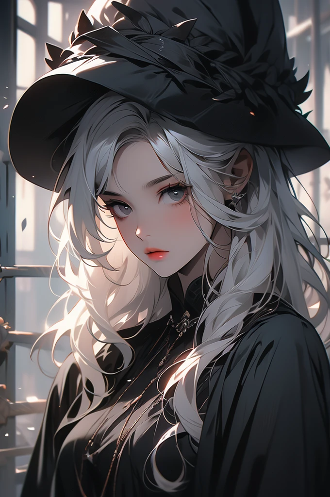 1 girl, black dress, black skin, abyss, darkness, white hair, prisoner