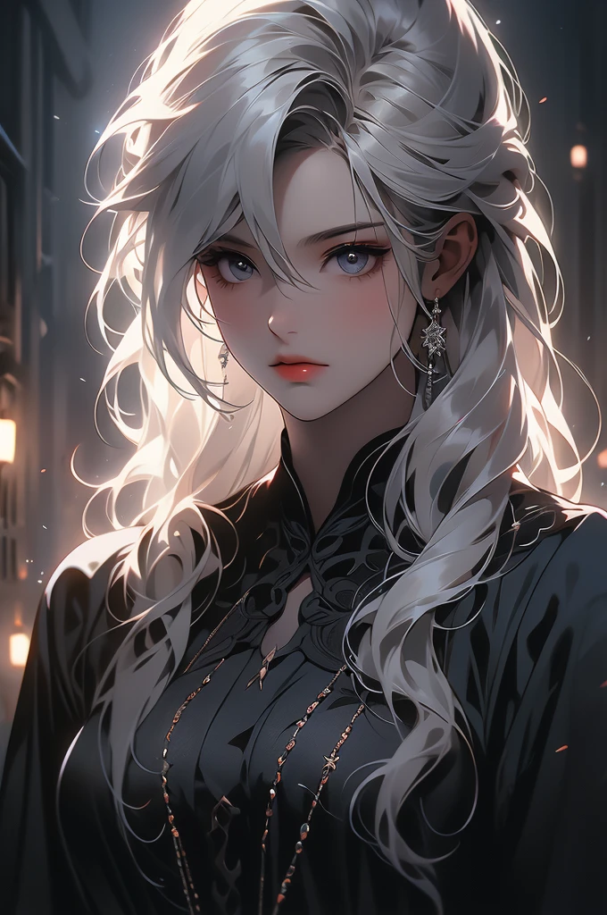 1 girl, black dress, black skin, abyss, darkness, white hair, prisoner
