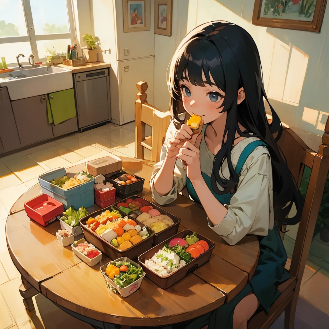 Amazing beauty, girl, masterpiece, top quality, details, 8K, high resolution, long black hair, black eyes, crying, large serving of rice, grilled salted saury,