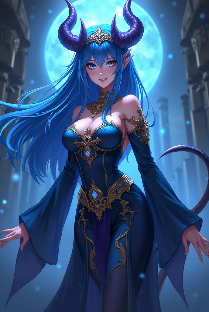 demon queen, I would be, long blue hair, anime style