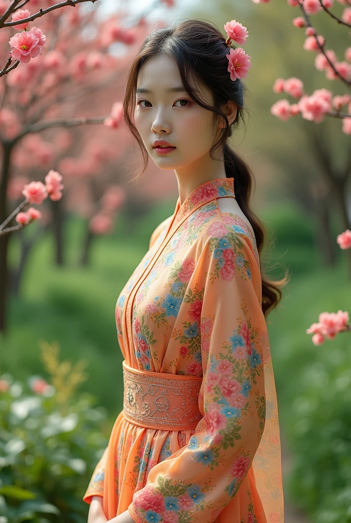A beautiful girl from Korea with a clean, cute face, wearing women's clothes with colorful floral patterns, wearing a long floral patterned skirt,And wearing women's shoes, is standing in a garden full of flower trees, expression her face is very elegant, posing close up, super HD photography, sophisticated camera