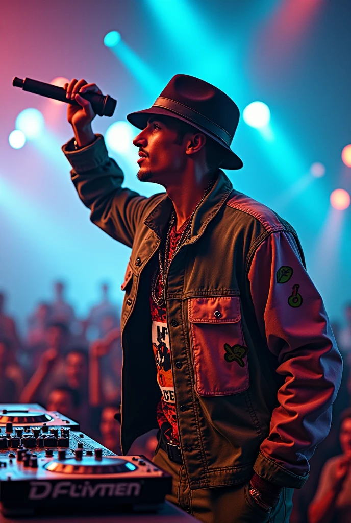 DJ holding a microphone in his left hand with different styles of clothing