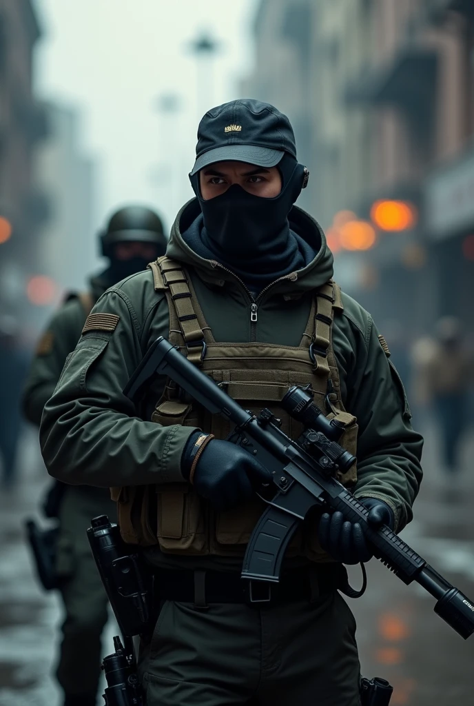 tactical photographer wearing cap and mask