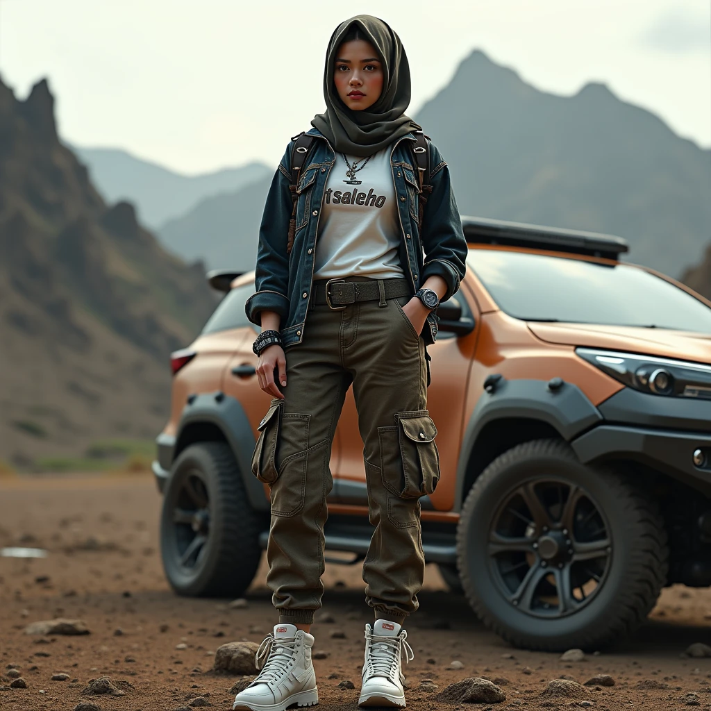 ８ｋ,Realistic Skin Texture、Superrealism、Photo Realistic、Japanese Woman、Fashionable Hijab, Mad Max Picture、In Indonesian Mountain、Black brown jeans jacket, white Saleho logo t-shirt, cargo pants, cool black watch, white shoes, Standing Next to Fortuner Sports Car、Boots、Determined to Take Revenge、1girl, High Resolution, Soft Lighting,
