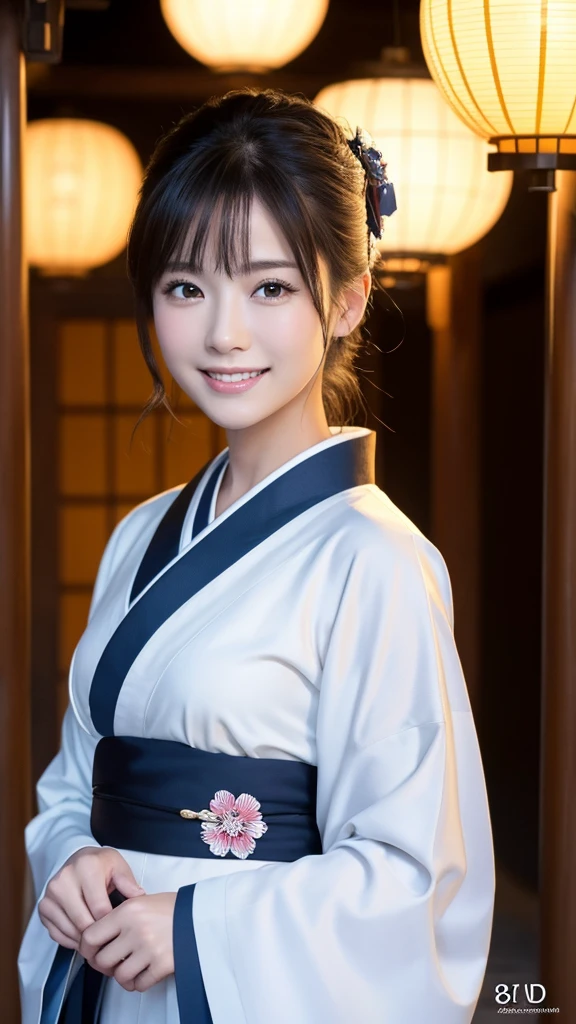 (Super beautiful woman in kimono)、((highest quality、8K masterpiece:1.harp focus:1.2、(subeautiful face:1.0)、(shiny skin:1.0)、realistic pictures、black hair、video lighting、High resolution eyes and face、video lighting、japanese actress、from the front、with a happy smile、whole body、wearing a kimono、in Kyoto、(luxury obi)、with a fan、Fireworks Display