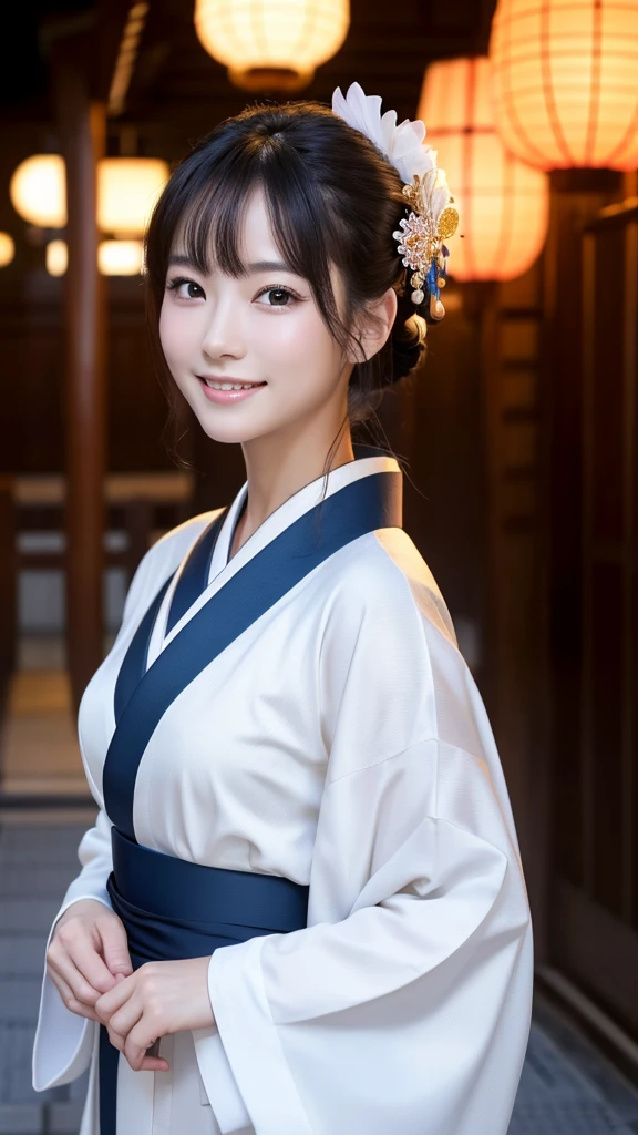 (Super beautiful woman in kimono)、((highest quality、8K masterpiece:1.3))、sharp focus:1.2、(super beautiful face:1.0)、(shiny skin:1.0)、realistic pictures、black hair、video lighting、High resolution eyes and face、video lighting、japanese actress、from the front、with a happy smile、whole body、wearing a kimono、in Kyoto、(luxury obi)、with a fan、Fireworks Display
