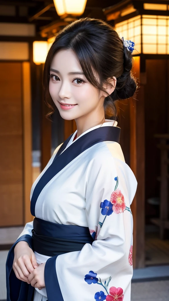 (Super beautiful woman in kimono)、((highest quality、8K masterpiece:1.3))、sharp focus:1.2、(super beautiful face:1.0)、(shiny skin:1.0)、realistic pictures、black hair、video lighting、High resolution eyes and face、video lighting、japanese actress、from the front、with a happy smile、whole body、wearing a kimono、in Kyoto、(luxury obi)、with a fan、Fireworks Display
