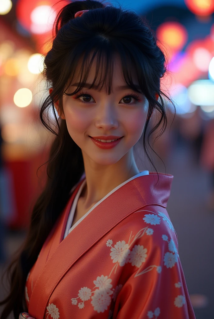 (8k, Realistic, RAW Photos, Highest quality: 1.4, detailed),A Japanese idol-like beautiful girl,1 person,1,(Black Hair),Hair tied up,Large, clear gray eyes,Long eyelashes,(piercings(small)),(Lip gloss),lips(Plump,glossy),thin long neck,Thin and delicate shoulders,yukata(Traditional Japanese cool dress,Long length,Cotton Fabric),Thick obi,Night Festival,Front view,Looking at the camera and smiling sweetly,Knee Top Portrait