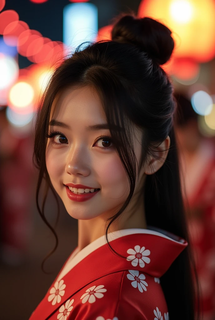(8k, Realistic, RAW Photos, Highest quality: 1.4, detailed),A Japanese idol-like beautiful girl,1 person,1,(Black Hair),Hair tied up,Large, clear gray eyes,Long eyelashes,(piercings(small)),(Lip gloss),lips(Plump,glossy),thin long neck,Thin and delicate shoulders,yukata(Traditional Japanese cool dress,Long length,Cotton Fabric),Thick obi,Night Festival,Front view,Looking at the camera and smiling sweetly,Knee Top Portrait