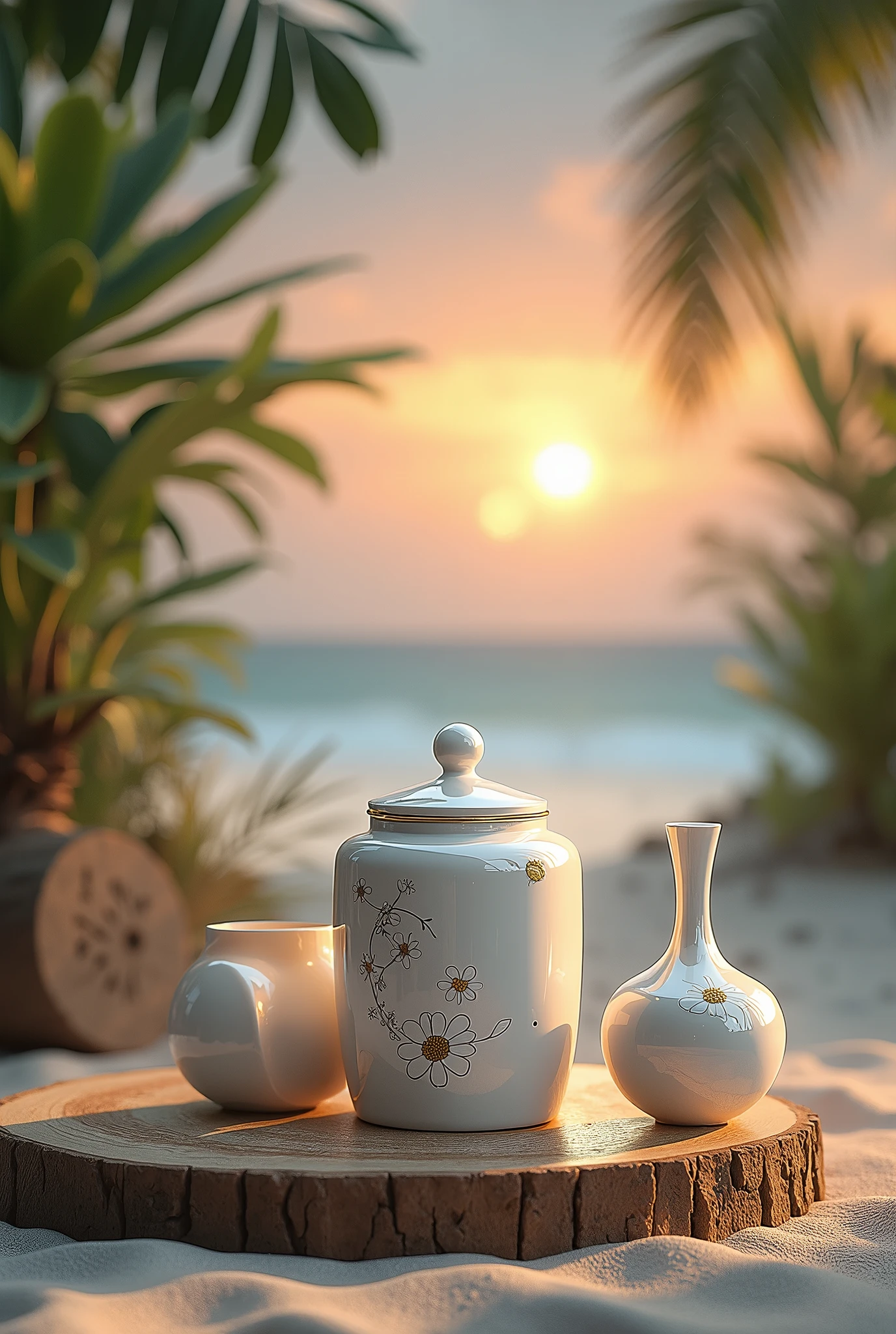 Hyperrealistic_masterpiece, state_of_the_art_amazing_unreal_engine, "A white and shining ceramic jar made it from polished and reflectant white ceramic in a still modern arrangement from a jar and still life inside the jar in kintsugi intricate setting, surrounded by other items from kintsugi/white ceramic, environment by still life botanical and must be over a rustic and eroded wood table", masterpiece, reflexions/refraction, ambient occlusion, subsurface scattering, LUMA/HDRI, nebula, galaxy, sunset illumination, beach ambient, finest sand in the ground, tropical background, intricate details.