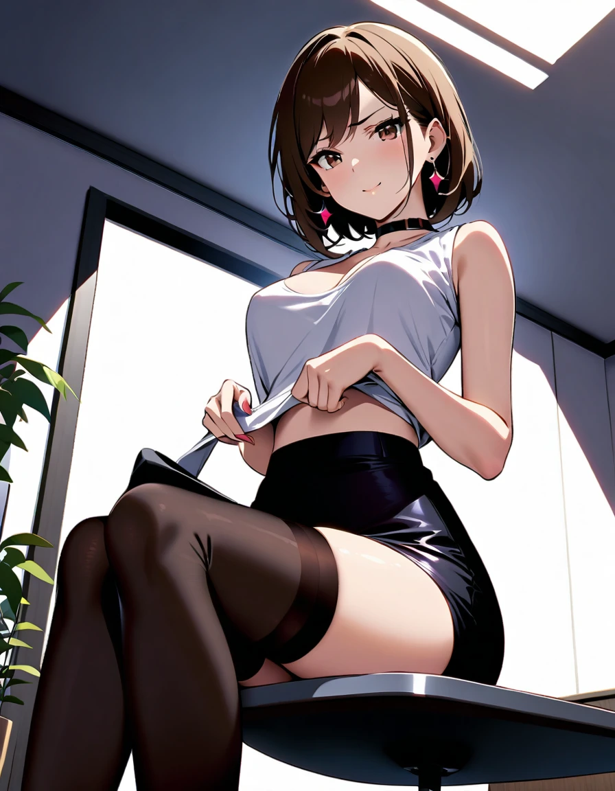 (masterpiece、highest quality、High resolution、Realistic photo、Real looking skin:1.1)、
(The woman lifted her skirt to reveal her panties and beautiful legs.々I am showing it to:1.8)、
(standing:1.5)、
(Provocative, grinning expression:1.5),
(She is wearing a white short-sleeved turtleneck sweater:1.5)、
(She is wearing a grey pleated mini skirt.:1.5)、
(I'm wearing mid-knee boots:1.5)、
(The panties are black and have a lace pattern.:1.5)、
(Brown short hair:1.5)、
(Location: Company conference room:1.5)、
1 Japanese Girl、solo、Full Body Esbian、Beautiful Eyes、Shining Eyes、Shining thighs、NSFW