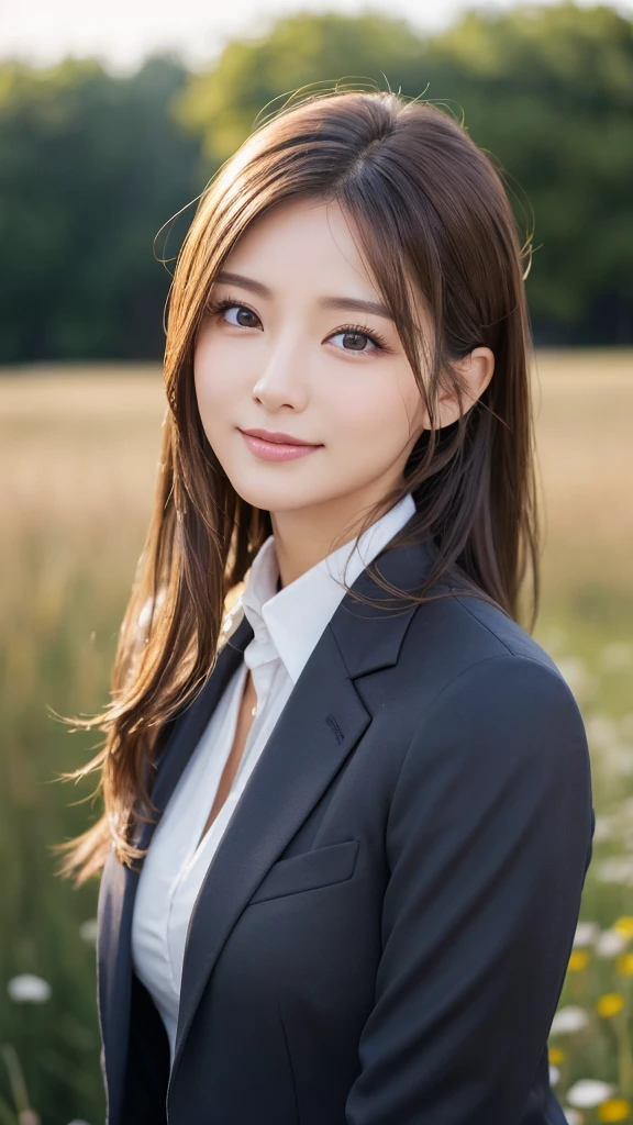 highest quality、genuine、Super detailed、finely、High resolution、8k wallpaper、one beautiful woman、、、light brown disheveled hair、wearing a business suit、sharp focus、perfect dynamic composition、beautiful and detailed eyes、thin hair、Detailed genuine skin texture、smile、model body shape、In a windswept meadow