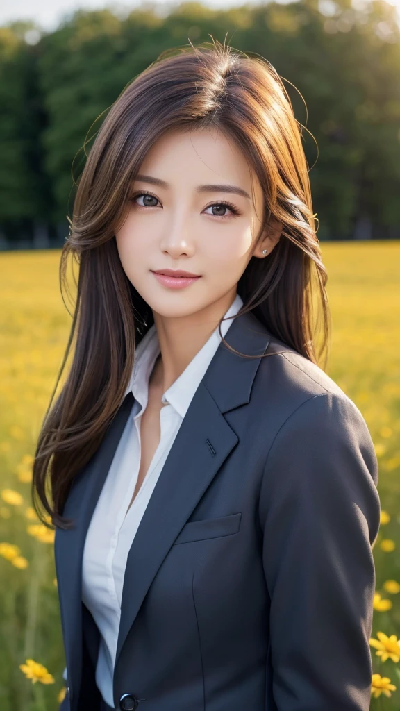 highest quality、genuine、Super detailed、finely、High resolution、8k wallpaper、one beautiful woman、、、light brown disheveled hair、wearing a business suit、sharp focus、perfect dynamic composition、beautiful and detailed eyes、thin hair、Detailed genuine skin texture、smile、model body shape、In a windswept meadow