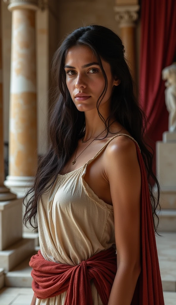 A young Roman woman with flowing dark hair, dressed in a traditional Roman tunic, in an ancient Roman setting. She exudes an air of strength and resolve, embodying the spirit of stoicism. The surroundings include Roman columns, marble statues, and rich drapery, conveying the grandeur of ancient Roman architecture. Her expression is one of calm determination, highlighting her inner strength and philosophical nature.